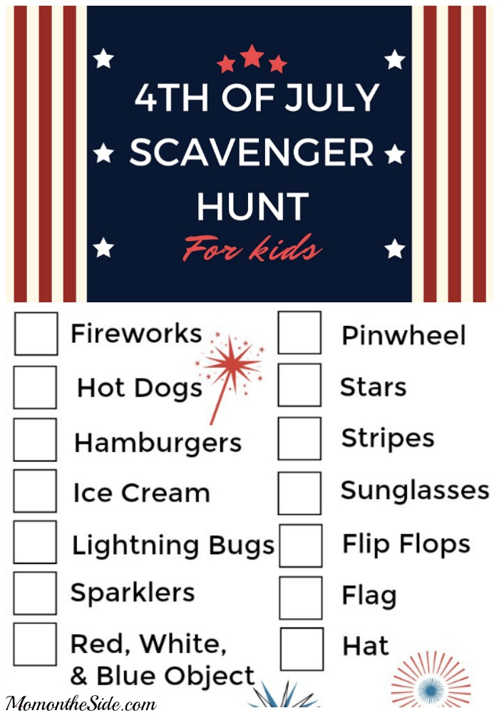 Gathering activities for the kids on 4th of July? Send them on an outdoor adventure with this 4th of July Scavenger Hunt for Kids on Mom on the Side!