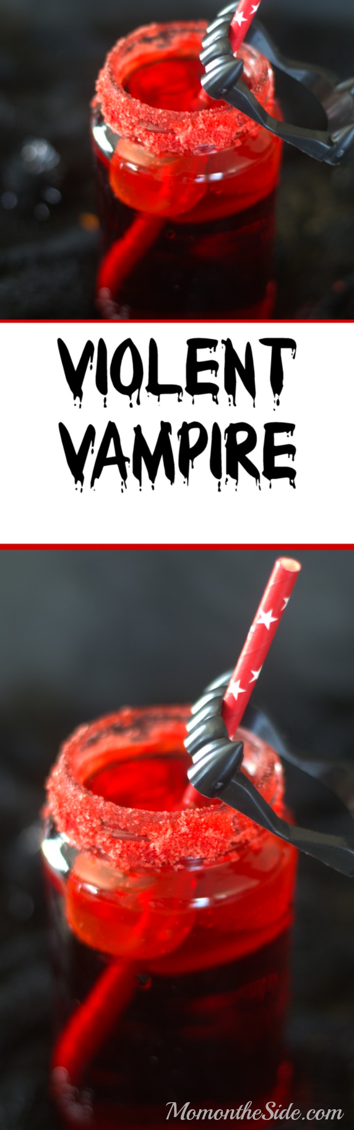 If you are looking for fun Halloween Kids Drinks, this Violent Vampire Drink for Halloween is one! Forget the witches brew and go for something topped off with fake fangs!