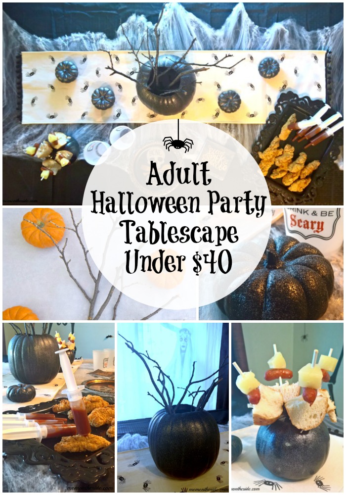 Check out this Adult Halloween Party Tablescape Under $40, with Halloween Party food ideas! See how easy it is to create on Mom on the Side!