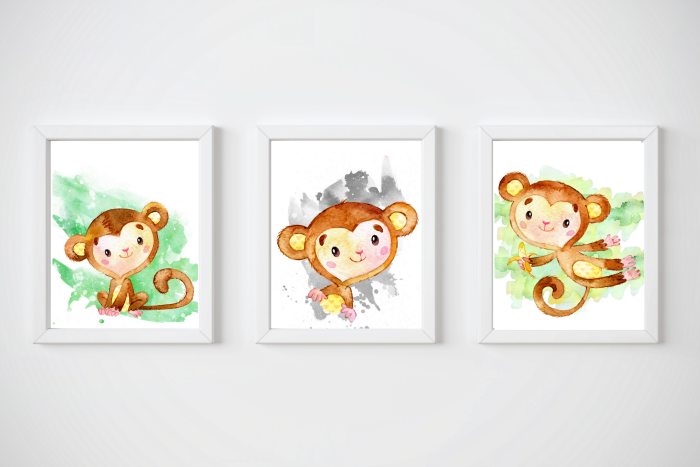 Set of Free Monkey Printables for Nursery Rooms that make adorable wall art for boy or girl nurseries, as well as a nursery for twins!