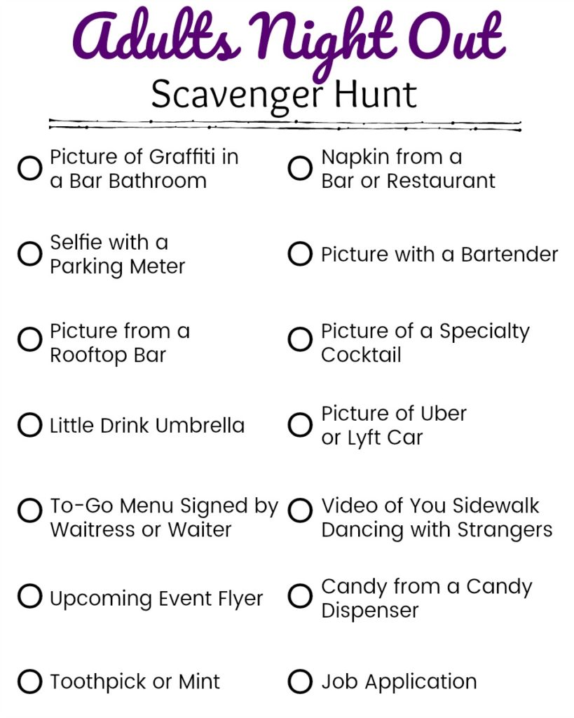 Printable Adults Night Out Scavenger Hunt Clues For Weekend Fun