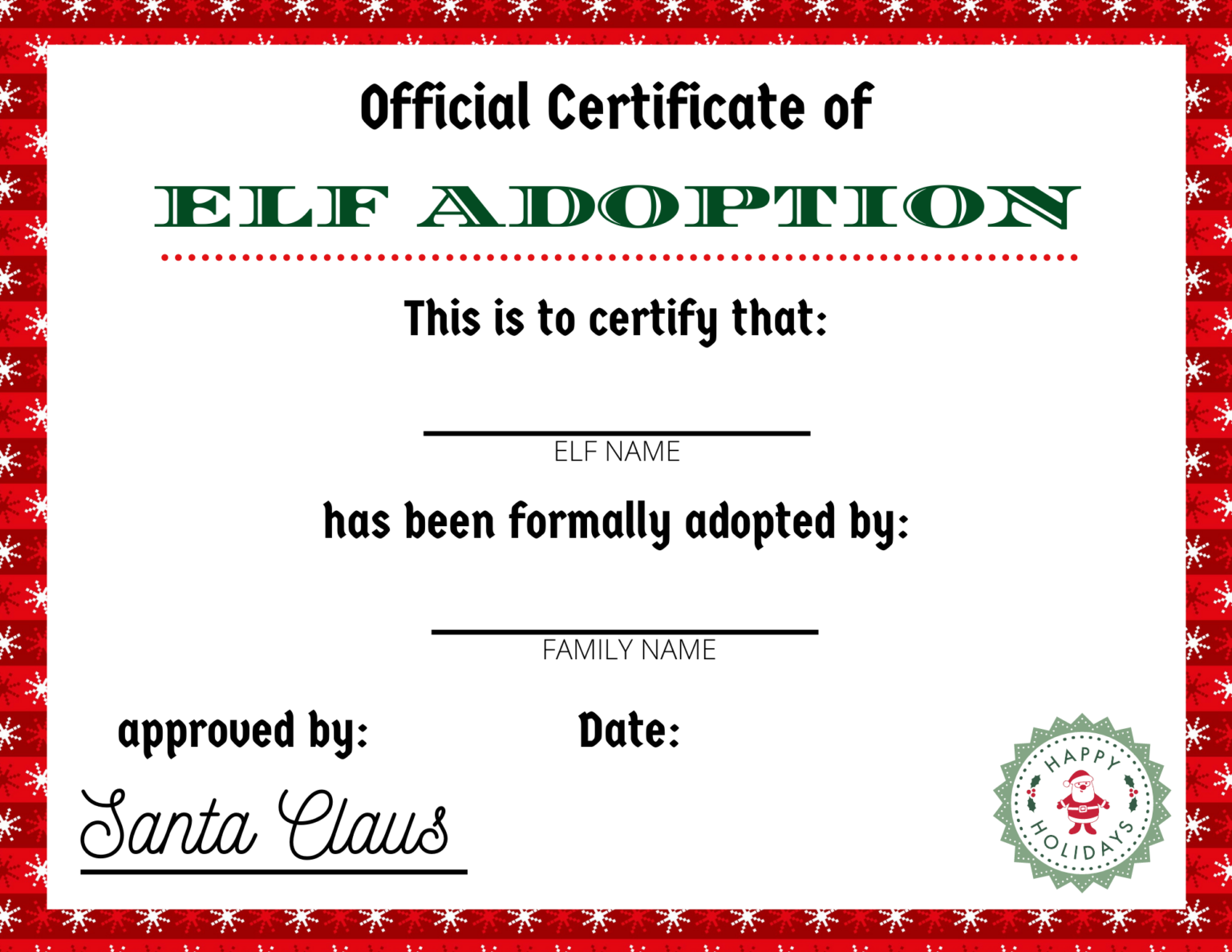 Elf On The Shelf Adoption Certificate Free Printable