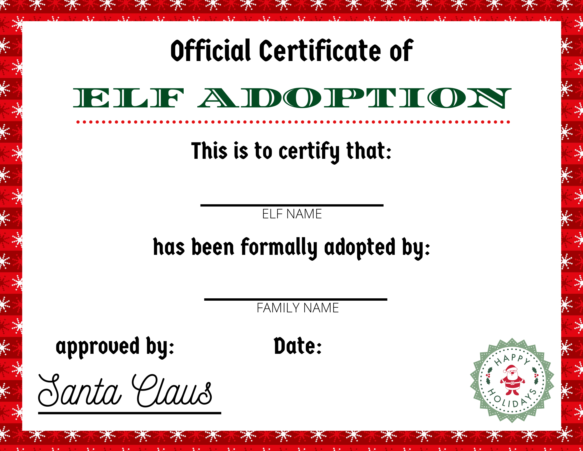 Elf on the Shelf Adoption Certificate Printable for the First Visit