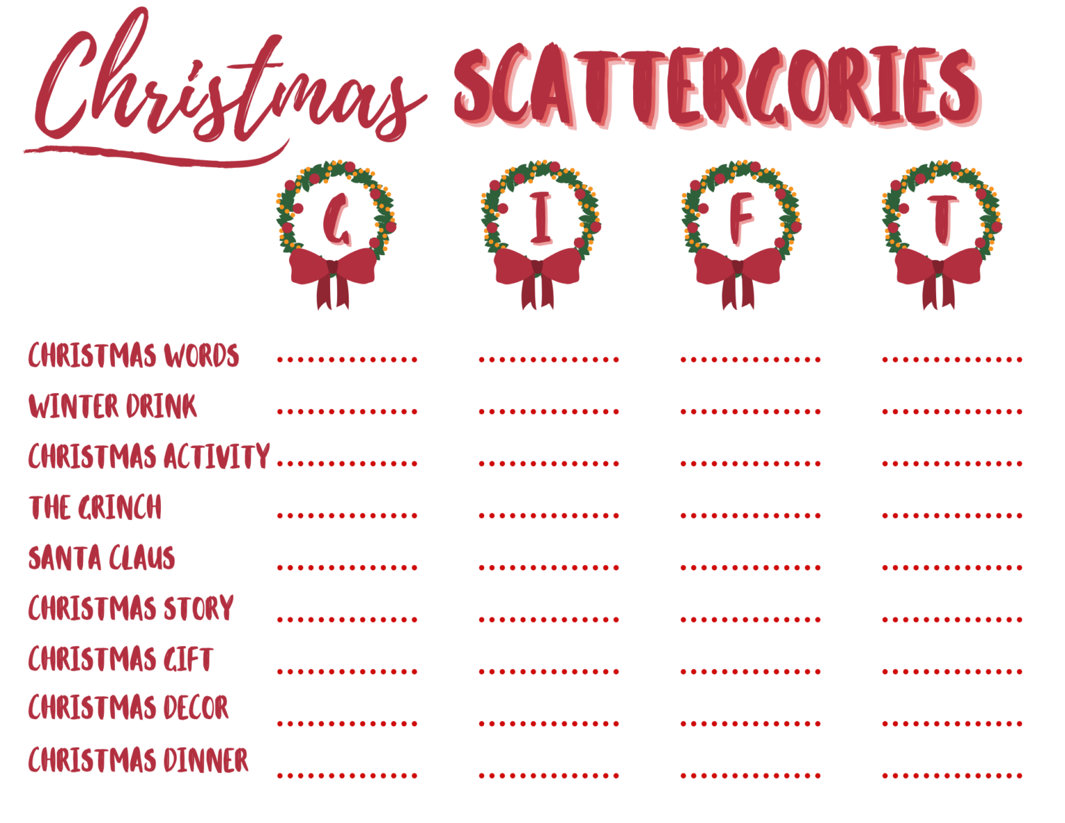 Christmas Scattergories Printable for Holiday Game Night