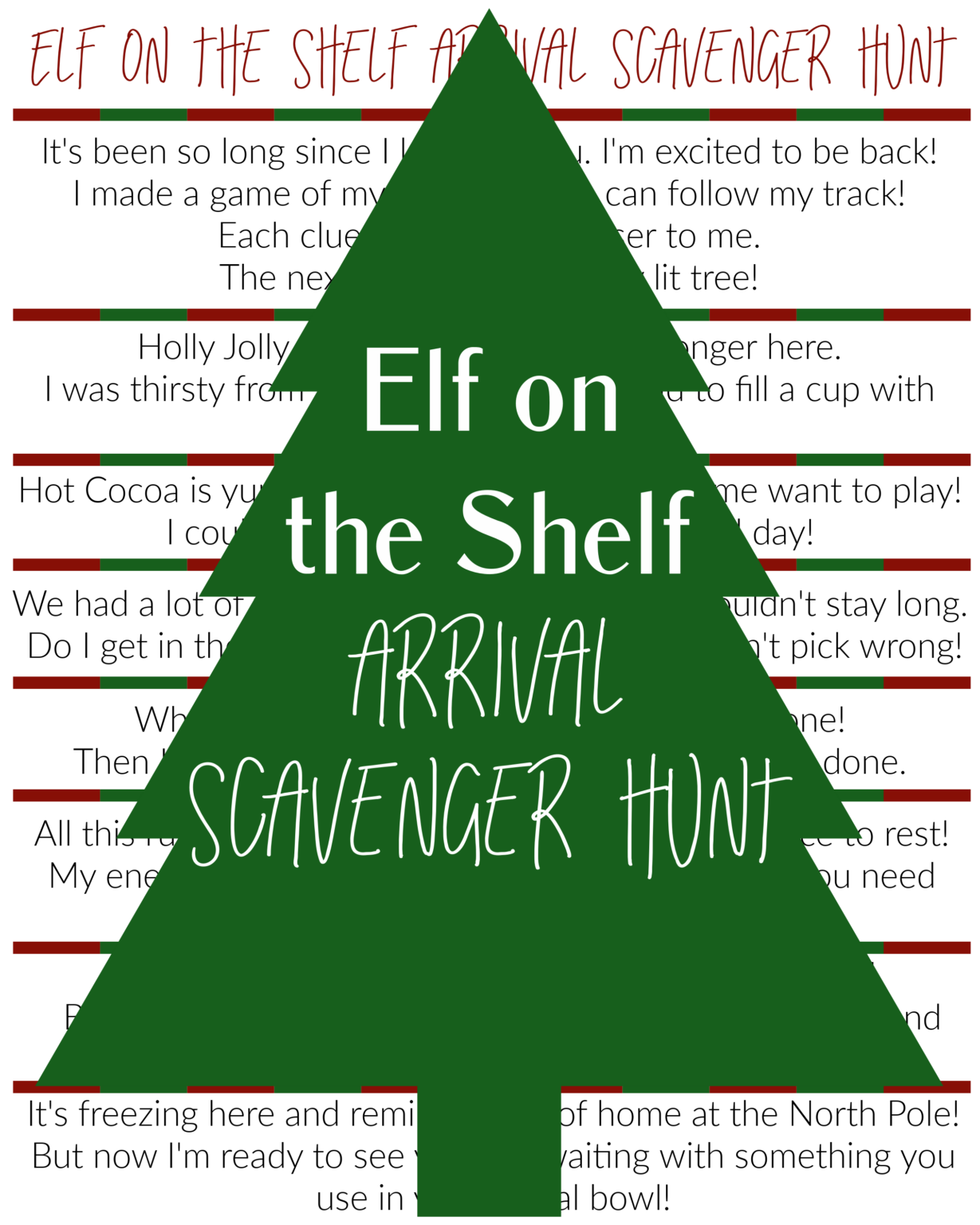 Elf on the Shelf Arrival Scavenger Hunt - Printable Clues