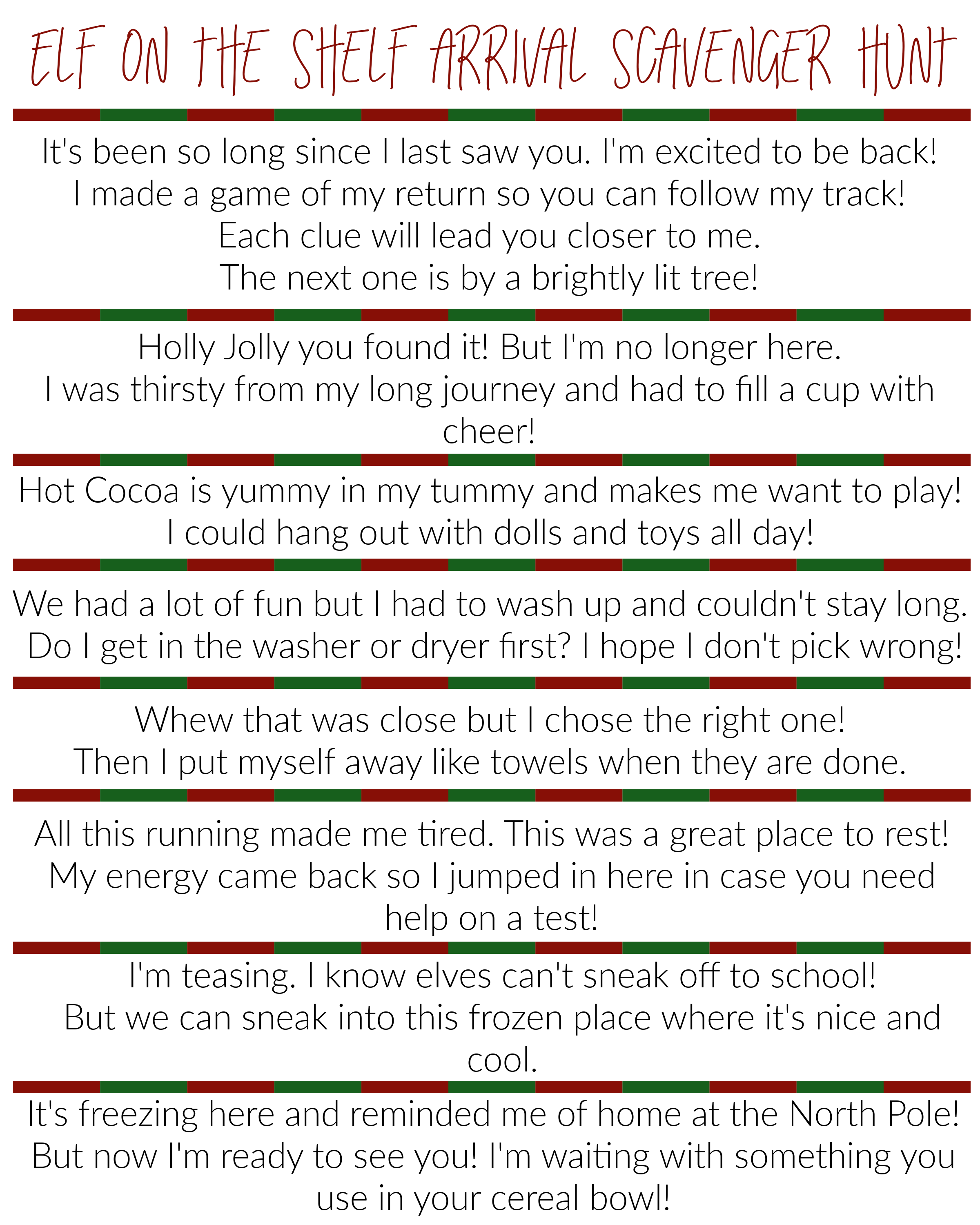 Elf On The Shelf Arrival Scavenger Hunt Printable Clues