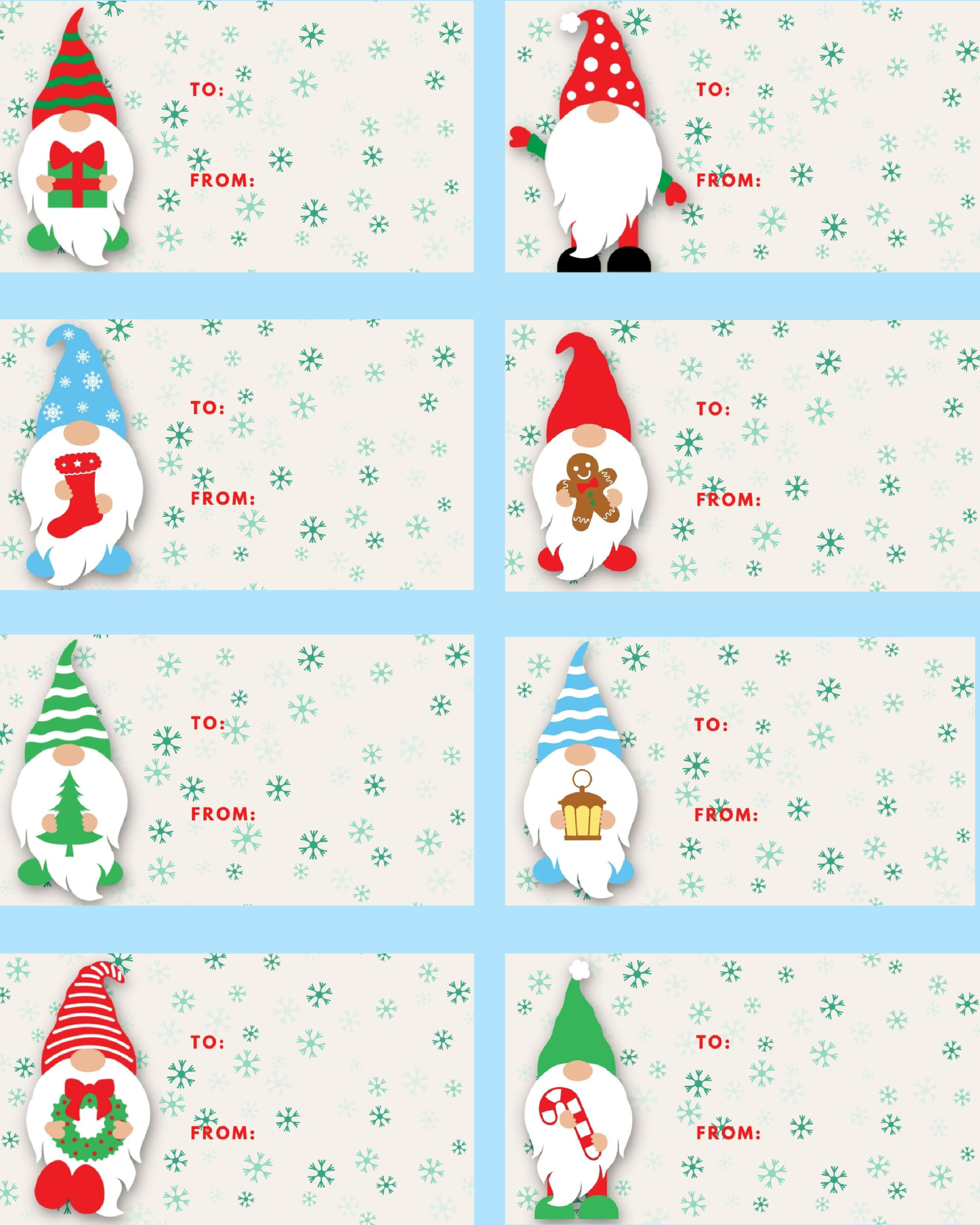 Christmas Gnome Gift Tags Free Printable with 8 Designs